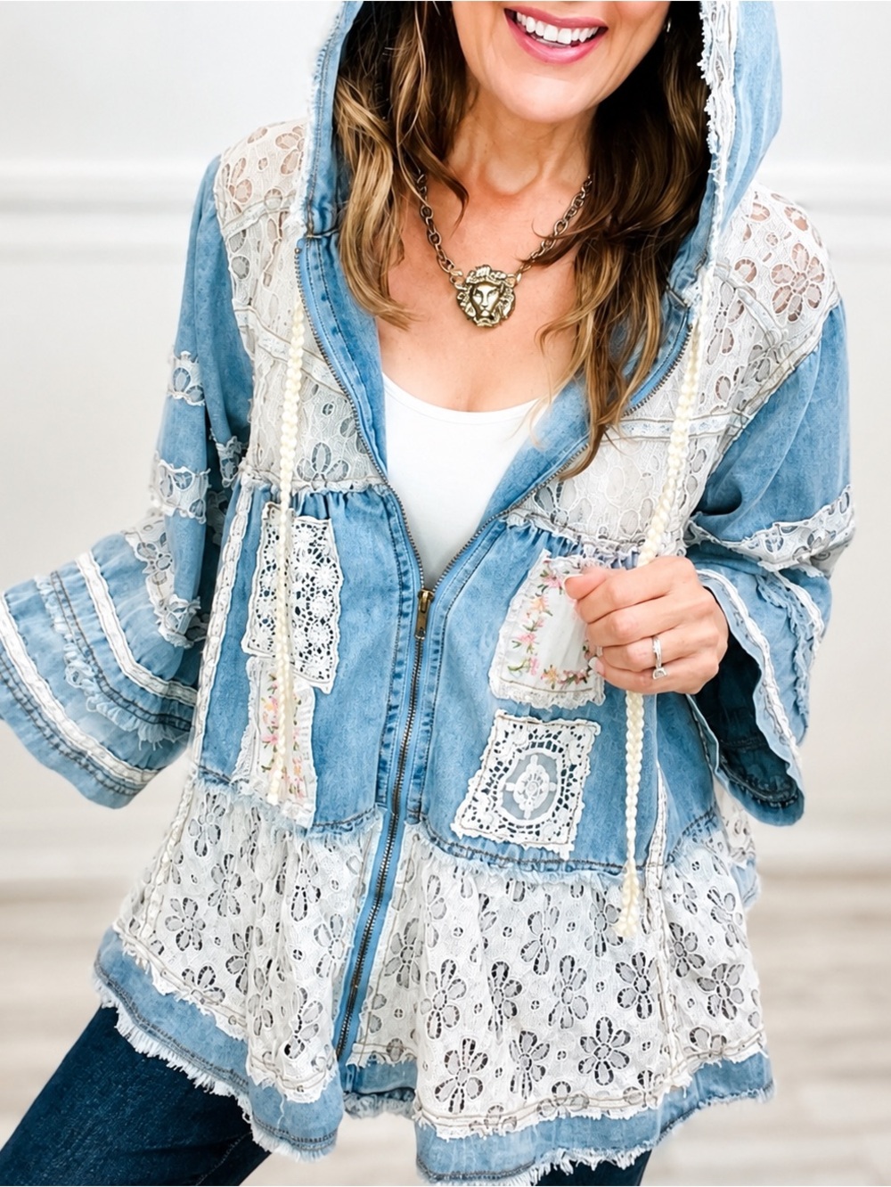 POL Small Boho Denim Lace Patchwork Hooded Jacket Blue Cream NWOT